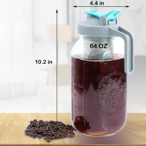 GMSWEET Mason Jar Cold Brew Coffee Maker 64 OZ (2 Quart) Wide Mouth Cold Brew Pitcher With Brew Filter For Coffee, Iced Tea, Sun Tea, Lemonade