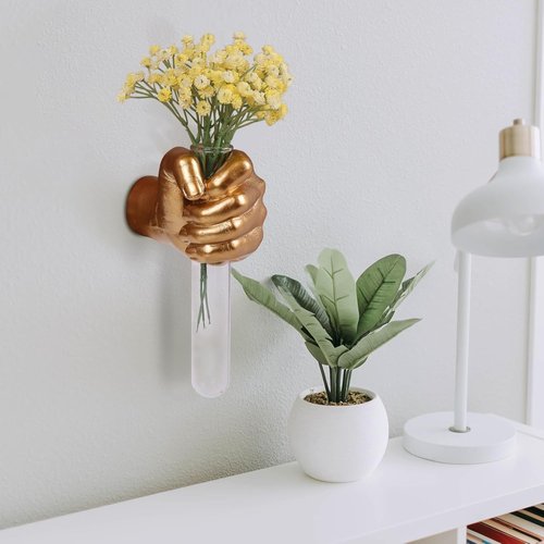 Gold Wall Sculptures | Unique Hand Vases Home Decor - Modern Eclectic Wall Art with Glass Test Tube Vase