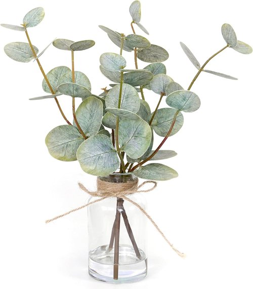 Muhanjia Artificial Eucalyptus Stems - 3Pcs Faux Plant in Glass Vase with Faux Water | Double-Sided Green Leaves Centerpiece