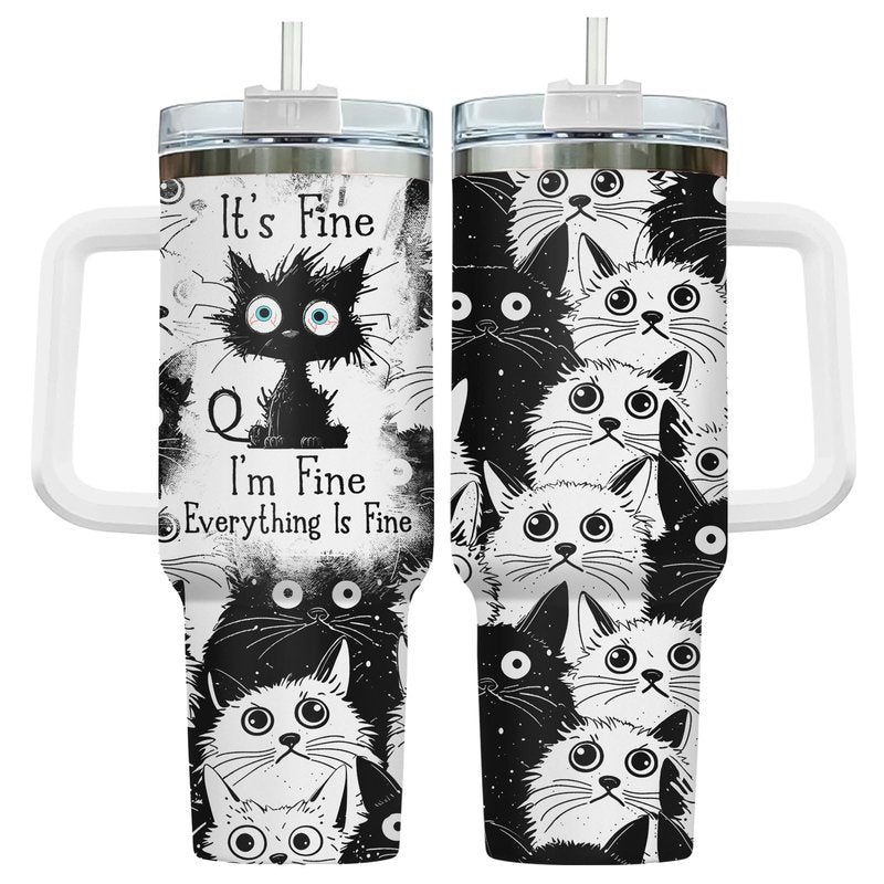 34HD Funny Black Cat 40oz Tumbler with Handle and Straw, Everything Is Fine Stainless Steel Vacuum Insulated Cup, Birthday & Mother's Day Gifts for Pet Lovers, Him Her and Mom
