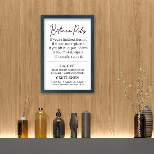 Bathroom Rules Wall Decor - Humorous Quotes Restroom Sign | 16" x 11" Framed Art (Black) by [Brand Name]