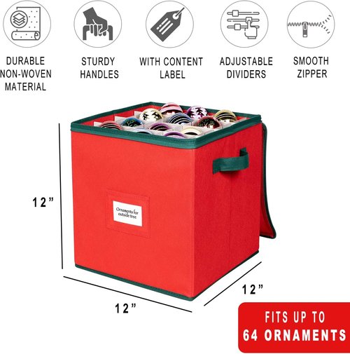 HOLDN’ STORAGE Christmas Ornament Storage Box - Holds Up to 64 Ornaments | Adjustable Red Container