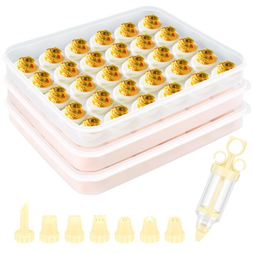 3 Pack 90-Count Deviled Egg Containers with Lid & 8 Pcs Deviled Egg Piping Tool, Transparent Deviled Egg Tray – Stackable Racks for Refrigerators, Suitable for Parties, Easter, Travel