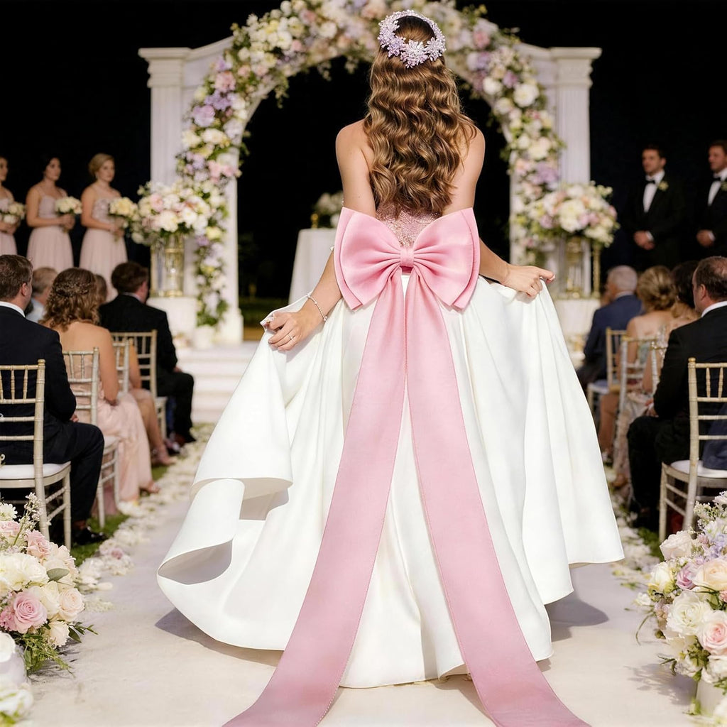 Vovoir Giant Bow Decoration - 75x18 Inch Pink Satin Bow with 10 Ribbon Bows for Weddings & Parties
