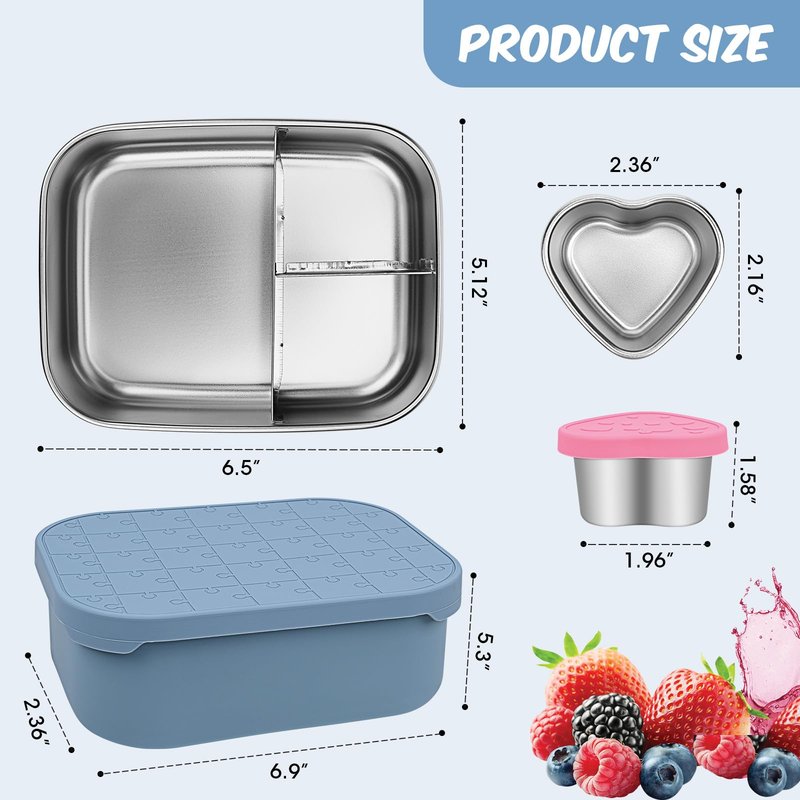 Small Stainless Steel Bento Lunch Box - Reusable Divided Metal Snack Bento Box 3-Compartment Food Meal Prep Storage Lunch Containers Leakproof with Dip Container,Dishwasher,Freezer Safe, BPA-Free