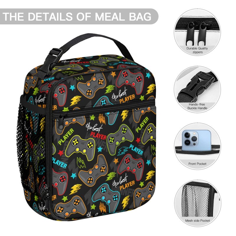 Miaoquhe Video Game Controller Insulated Lunch Bag, Gaming Gadgets Lunch Box for Boys Girls Kids, Portable Reusable Zipper Lunch Box for Men Women School Work Picnic Travel