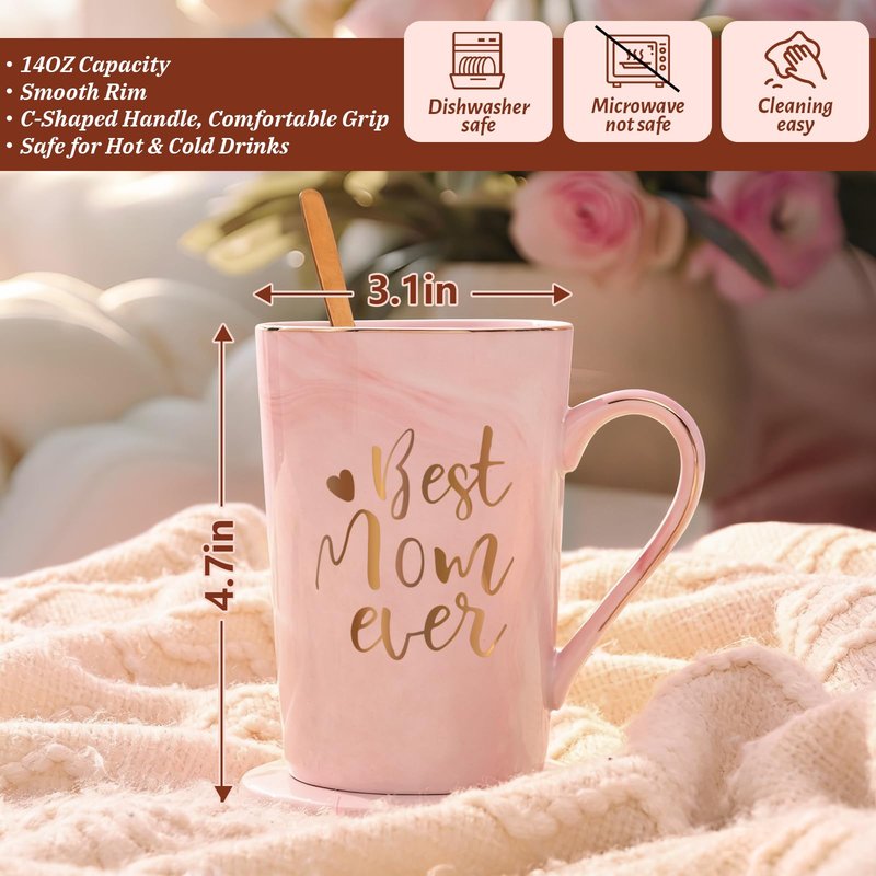 YHRJWN Mothers Day Gifts for Mom, Best Mom Ever Coffee Mug, Mom Mothers Day Gifts from Daughter Son, Moms Gift Idea for Birthday, Valentines Day, Present for Moms Mothers, 14 Oz Pink