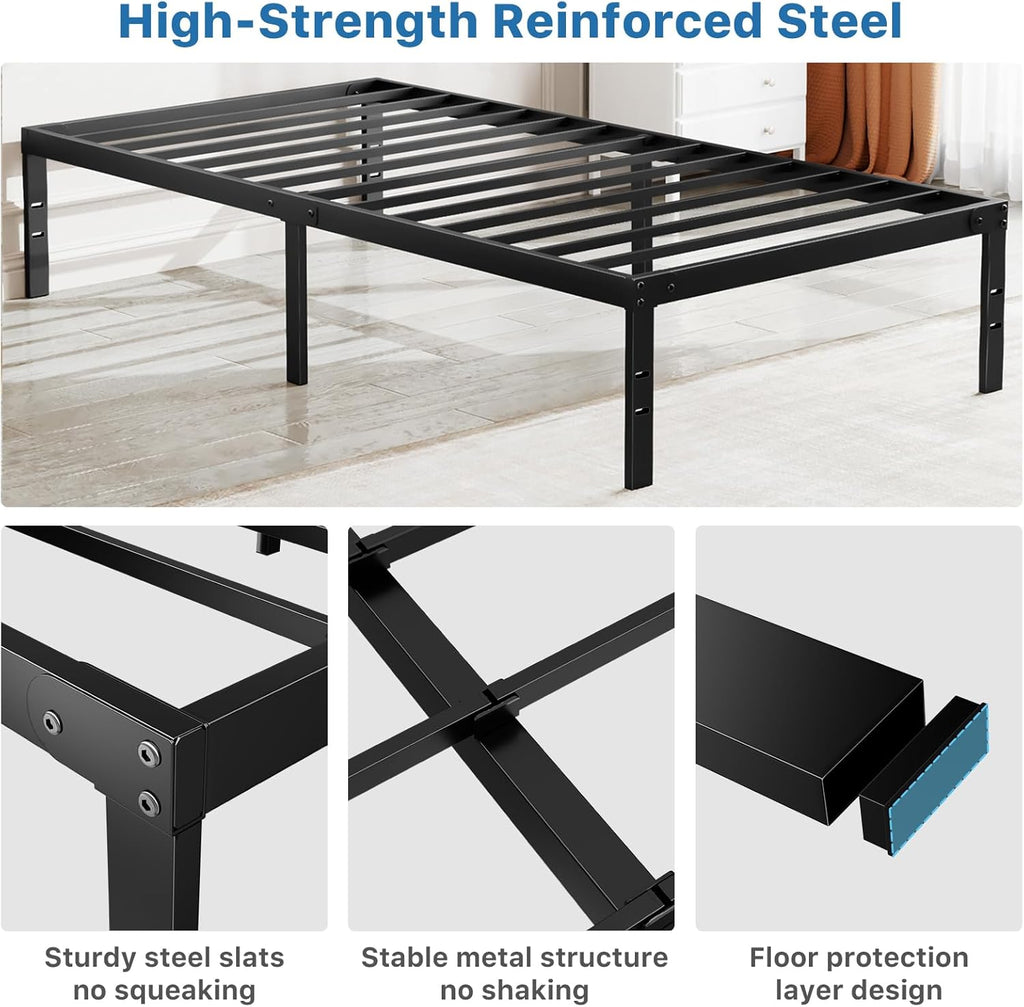 OLIXIS Metal Twin Bed Frame - 14" High with Storage Space | Sturdy Steel Slat Support, 800LBS Capacity, Black