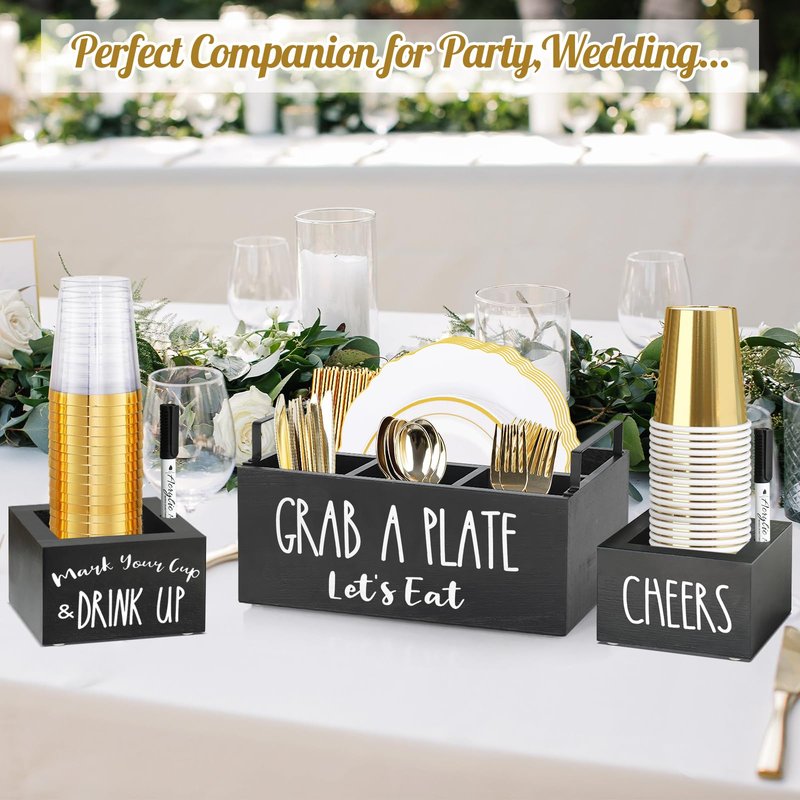 Paper Plate Holders with 2 Cup Holders and 2 Markers, Wood Utensil Holder for Party, Kitchen Paper Plate Dispenser for Counter, Disposable Plate Organizer, Silverware Holder for Cup, Plate, Napkin