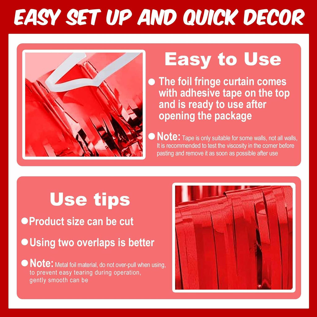 Red Foil Fringe Curtains by [Brand Name] - 3 Pack Metallic Tinsel Backdrop | 3.28 x 8.2 Ft for Parties & Events