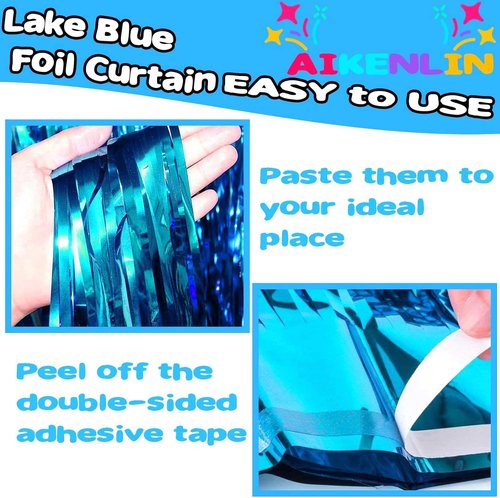 Lake Blue Foil Fringe Curtains - 4 Pack Metallic Tinsel Backdrop | 3.2Ft x 9.8Ft for Parties & Events