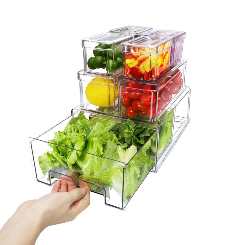 YINGRACE 7 Pack Fridge Organizer Bins, Stackable Refrigerator Organizers and Storage, With a Pull-out Drawer, BPA-Free Clear Containers For Fruit, Vegetable, Drinks