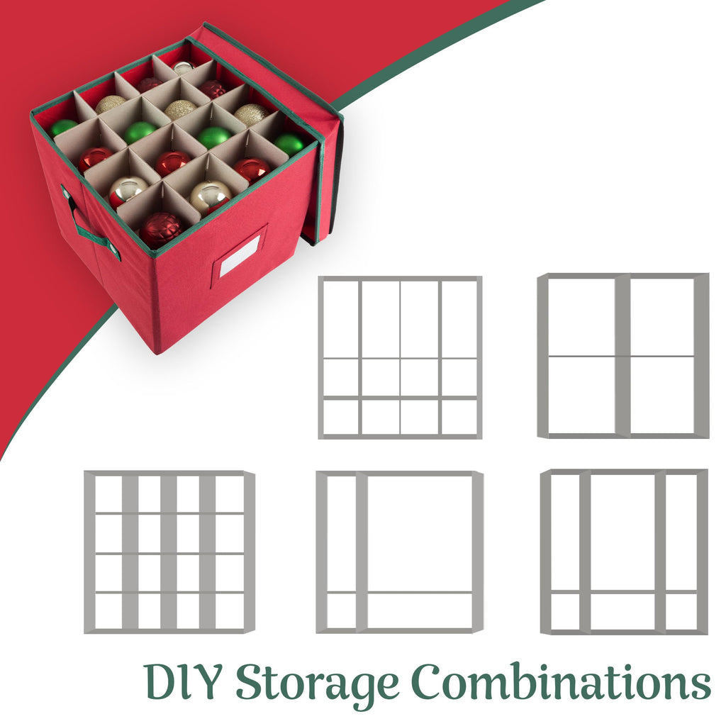 Ornament Storage Box Set of 2 - Organizer with 64 Individual Compartments and Dividers for Christmas Bulbs and Decorations by Tiny Tim Totes (Red)