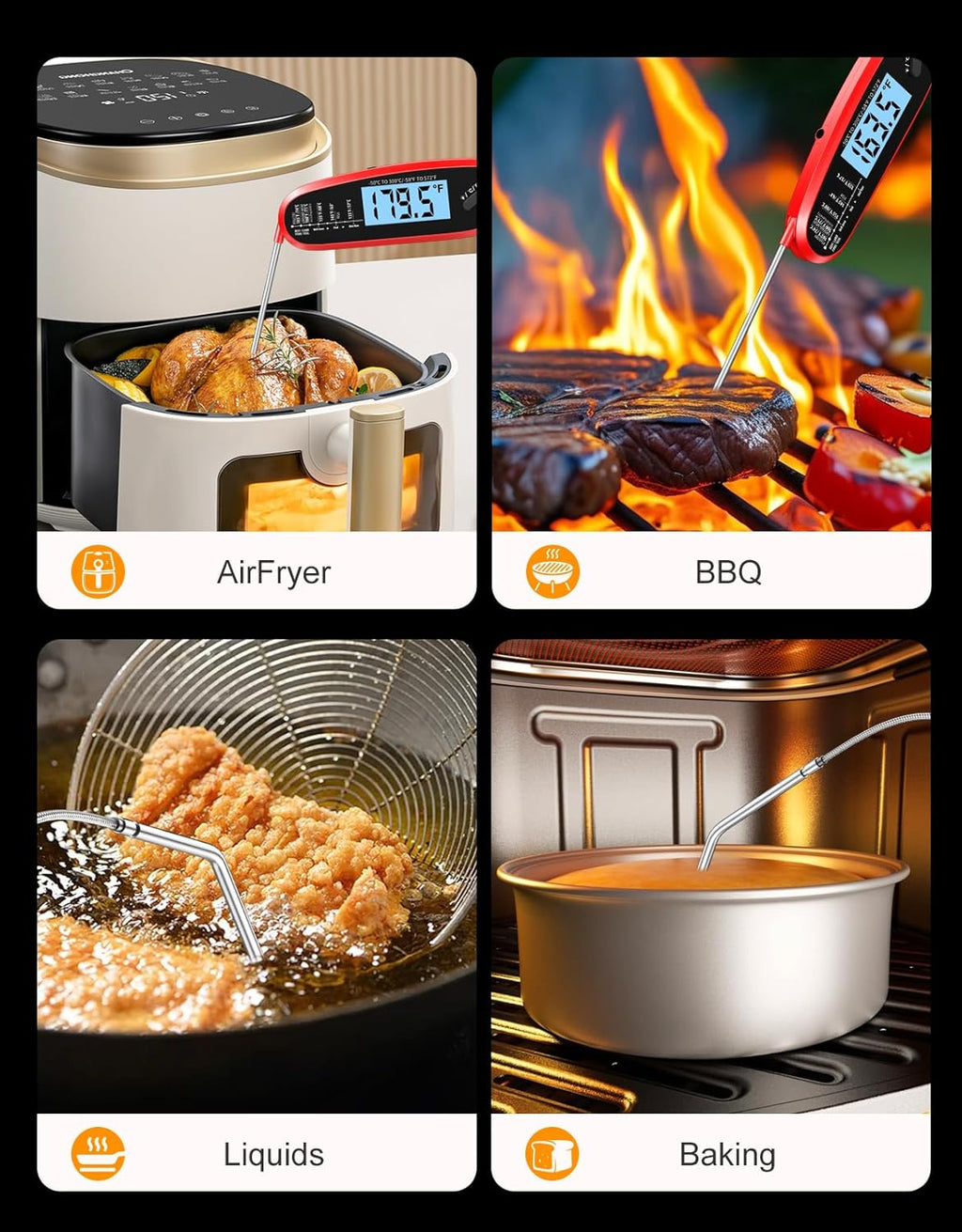 Skiennix Instant Read Meat Thermometer - Dual Probe Digital Cooking Thermometer with Large Backlit Display | Perfect for BBQ, Grill, Oven, and Frying