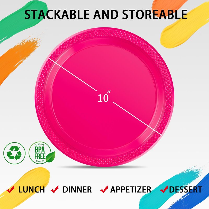 WELLIFE Hot Pink Plastic Plates 10 Inch 50 Count Disposable Plate for Party, Large Big Plates for Dinner Party Supplies Birthday Camping BBQ