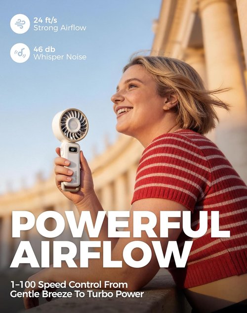 Diveblues Portable Turbo Fan - 100 Speed Handheld Fan with Strong Airflow | Foldable 4-in-1 Design for Travel & Outdoor Use