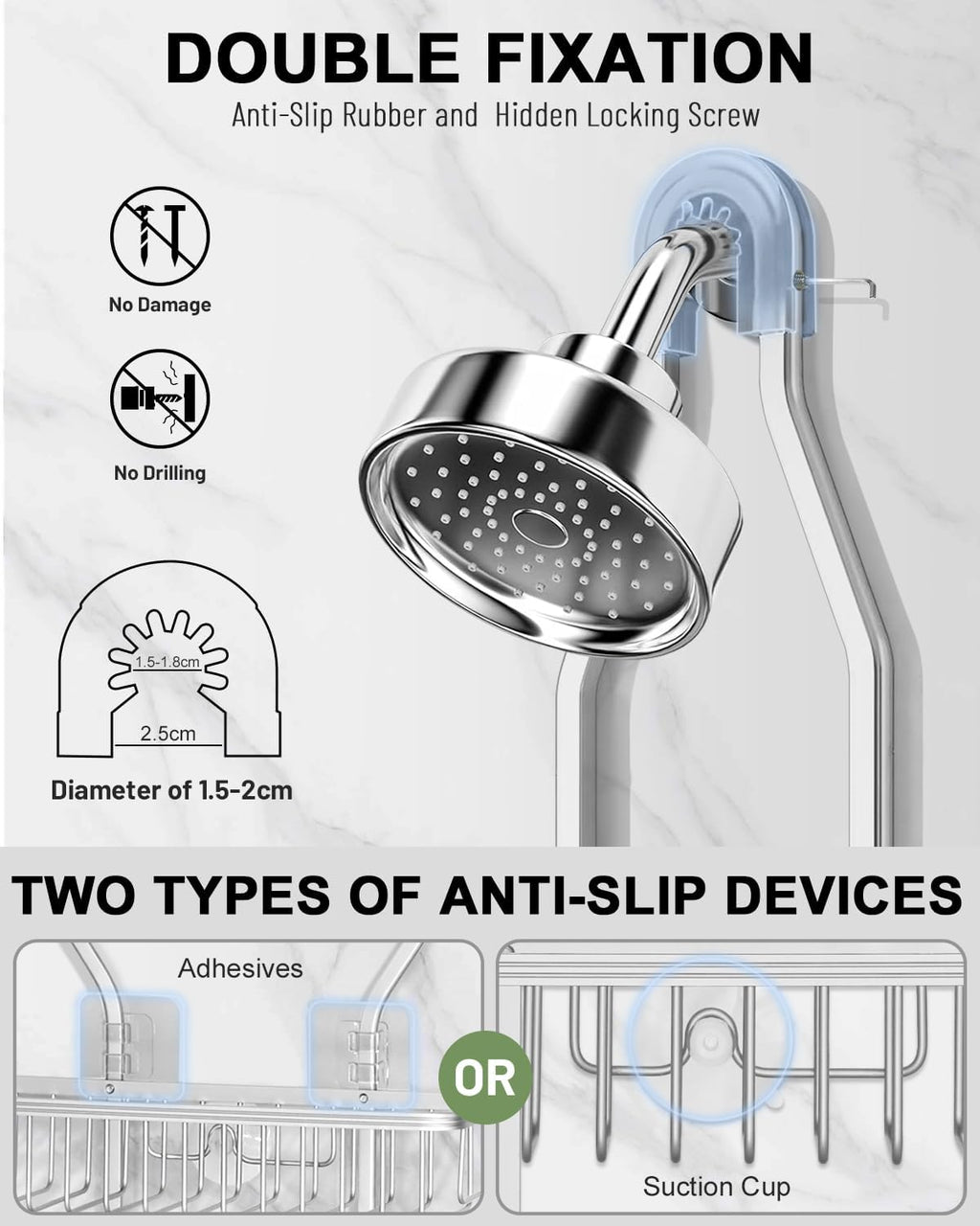 Regine Switzerland Shower Caddy - Rustproof Aluminum Overhead Organizer with 6 Hooks for Razors & Sponges | Silver