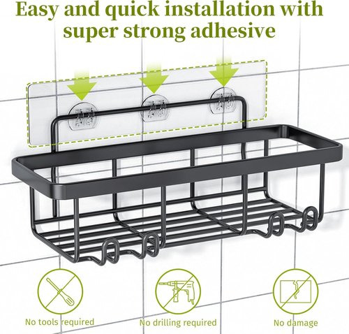Adhesive Shower Caddy | 5 Pack Rustproof Stainless Steel Bathroom Organizers - Large Capacity, No Drilling, Black