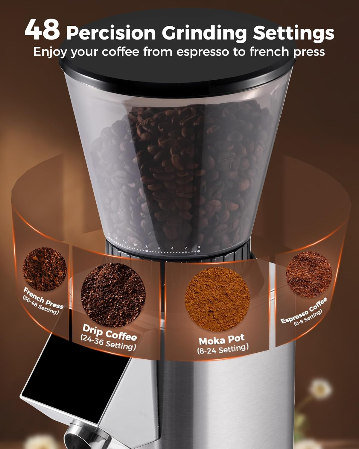 Tuni G1 Conical Burr Coffee Grinder - 48 Grind Settings, Precision Timer & LED Touchscreen | Stainless Steel Silver