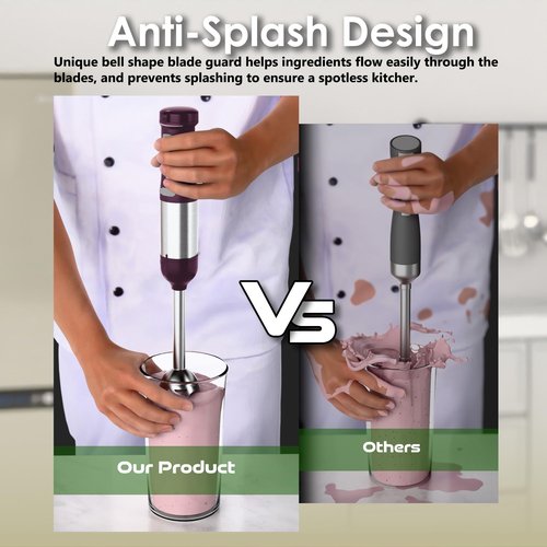 WHUTO Cordless Immersion Hand Blender, 5-in-1 Variable Speed blender handheld,Rechargeable with 2000mAh Battery, BPA-Free & Dishwasher-Safe Accessories:700ml Beaker,Chopper,Whisk & Milk Frother,Plum