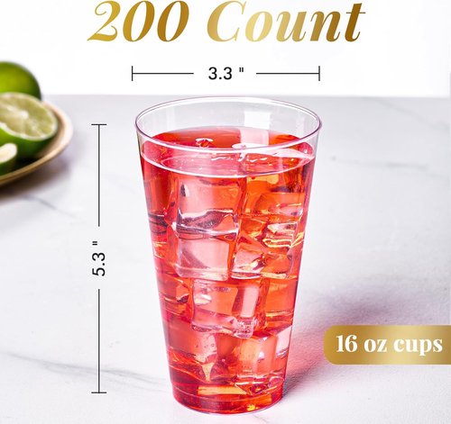 FOCUSLINE 16 oz Clear Plastic Cups - 200 Pack Heavy-Duty Disposable Party Cups for Events & Holidays