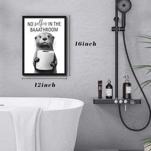 Funny Bathroom Wall Art by Framed | Cute Otter Holding Toilet Paper - Black & White Canvas - 12x16in