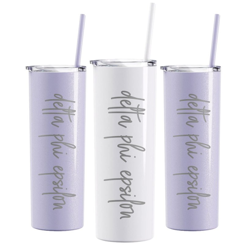 Go Greek Chic Delta Phi Epsilon Laser Engraved Skinny Tumbler with Straw (Glitter Lavender)