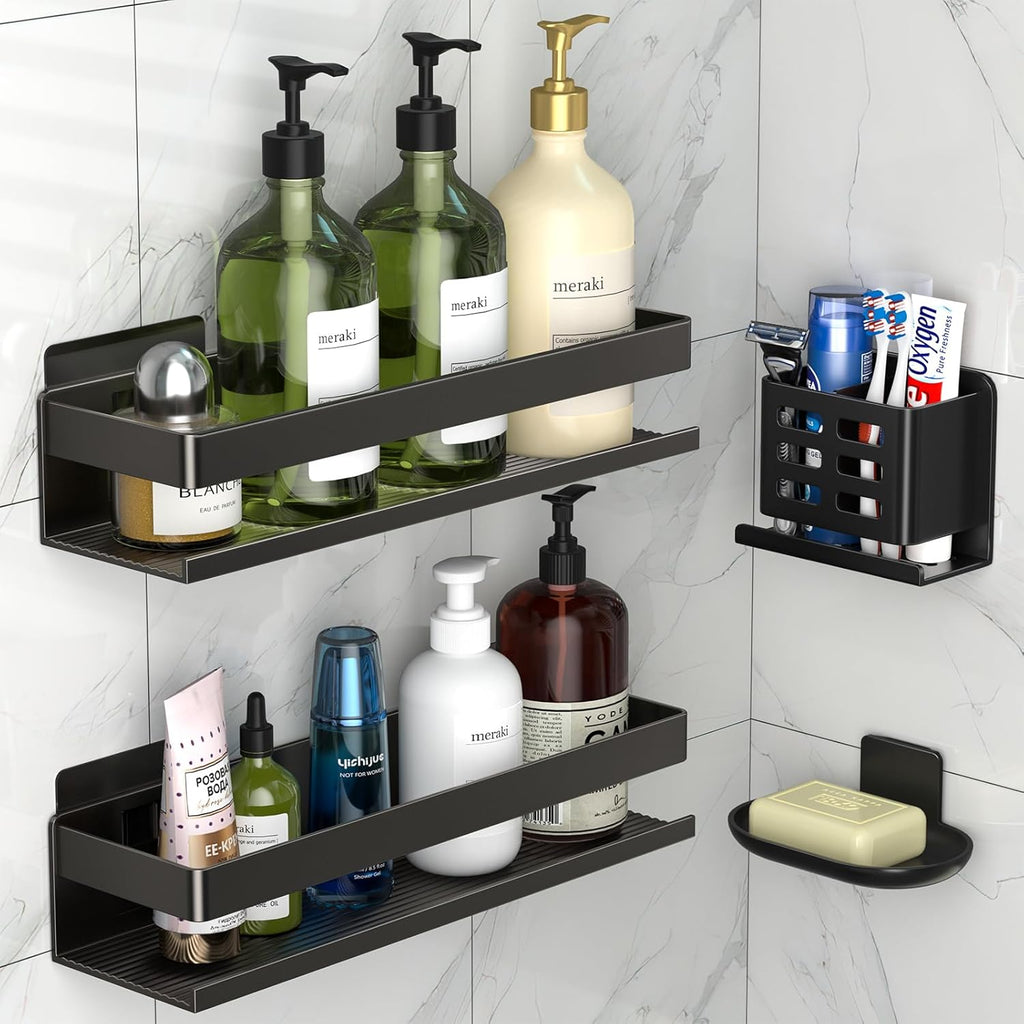 Regine Switzerland Shower Caddy - Rust-Proof Aluminum Shelf, Easy Adhesive Installation | 4 Pack for Bathroom Storage