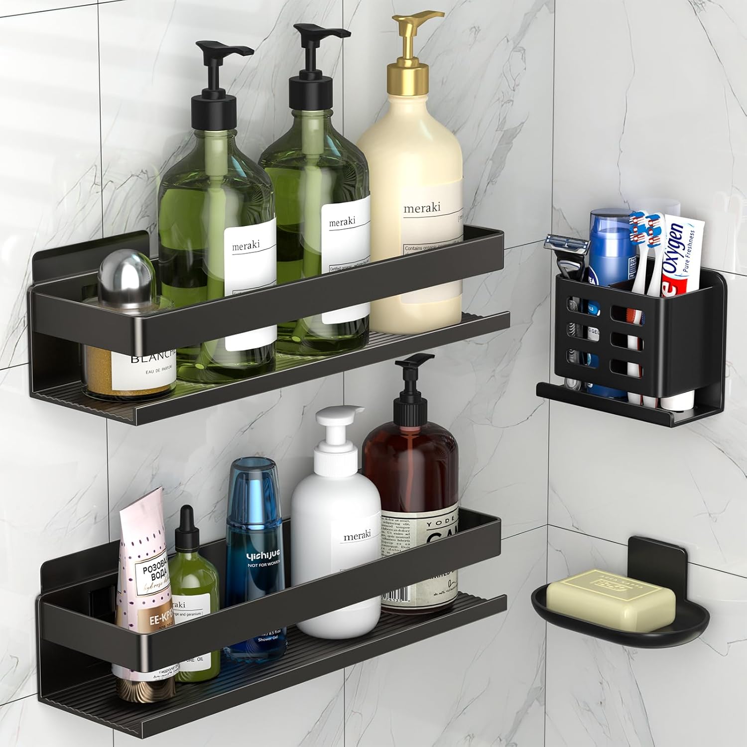 Regine Switzerland Shower Caddy - Rust-Proof Aluminum Shelf, Easy Adhesive Installation | 4 Pack for Bathroom Storage