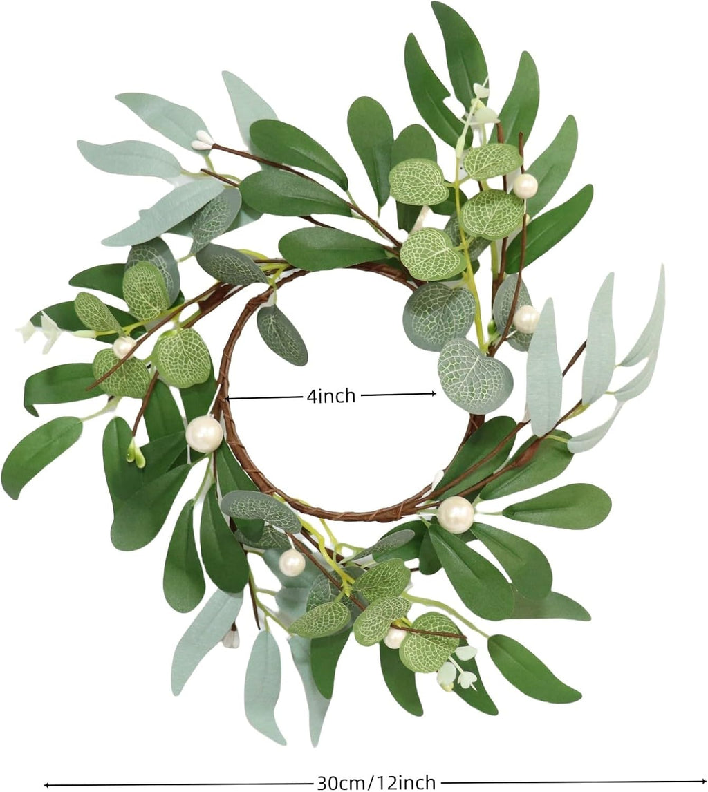 Skiennix 4-Inch Greenery Candle Rings - Artificial Eucalyptus Wreaths with Pearl Berries for Home Decor | 2 Pack