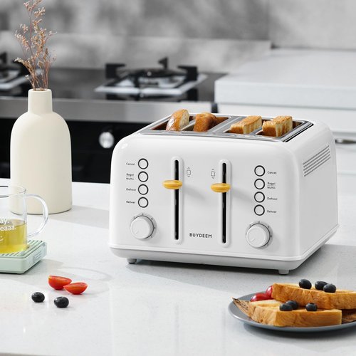 BUYDEEM DT640 4-Slice Toaster, Extra Wide Slots, Stainless Steel with High Lift Lever, Bagel and Muffin Function, Removal Crumb Tray, 7-Shade Settings, Arctic White