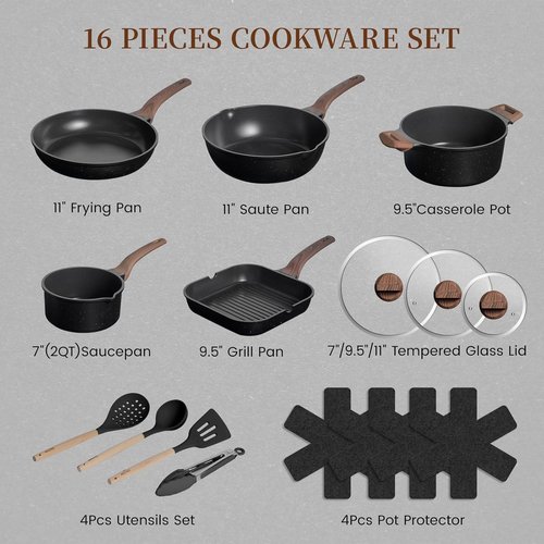 Kikcoin 16-Piece Non-Stick Ceramic Cookware Set - Induction-Compatible Kitchen Pots & Pans, Black