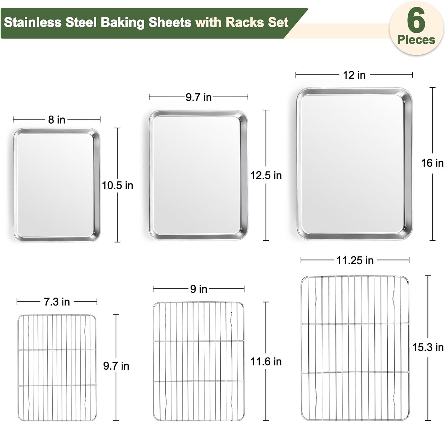TeamFar Baking Sheet Set - 3 Stainless Steel Cookie Sheets with Racks | Non-Toxic, Dishwasher Safe, 16/12.5/10.5 Inch