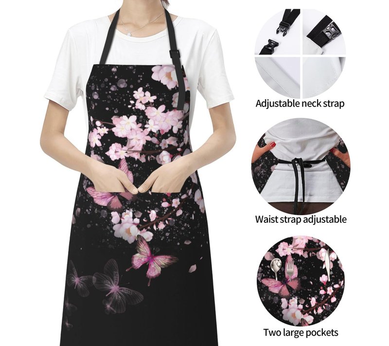 DZGlobal Cherry Blossom Apron with Pockets - Pink Flowers Black Cooking Aprons Adjustable Kitchen Bib for Men Women Chef Gardening Baking