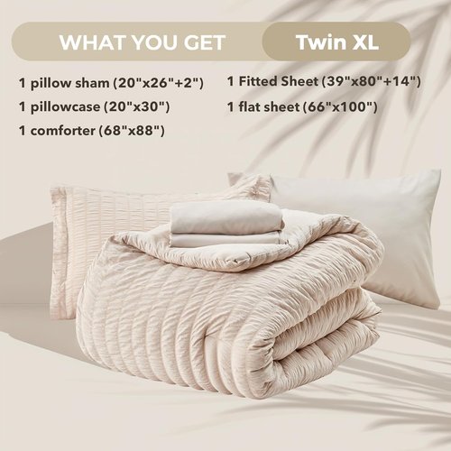HYMOKEGE Twin XL Comforter Set - 5-Piece Seersucker Luxury Bedding Set for All Seasons | Beige