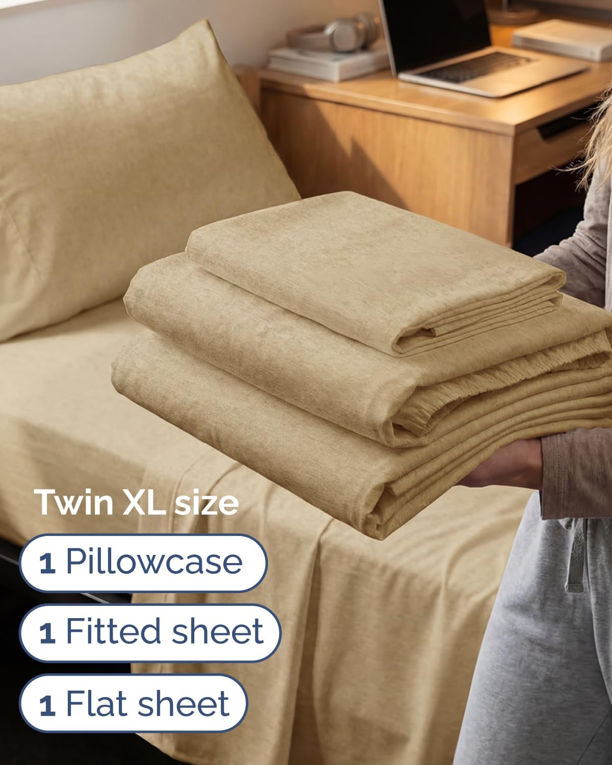 Skiennix Twin XL Sheet Set - Comfy Cooling 3-Piece Bedding - Soft, Wrinkle-Free Tan Color with Deep Pockets