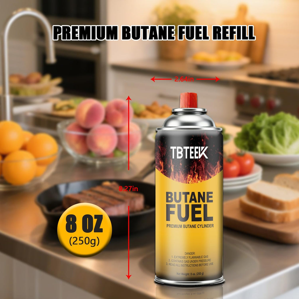TBTeek Butane Fuel Canister - Premium 8 oz Pure Refined Butane Gas Refill | 3-Pack for Kitchen Torch, Camping & Grilling