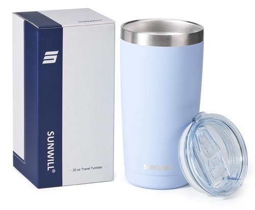 SUNWILL Travel Coffee Tumbler 20 oz, Insulated Mug with Lid, Stainless Steel Cup for Hot and Cold Drinks, Powder Coated Iceberg