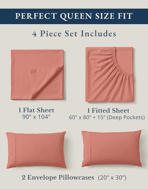 **LANE LINEN 100% Organic Cotton Queen Sheets - Eco-Friendly, Mercerized, Naturally Cooling Bedding Set in Rose Dawn**