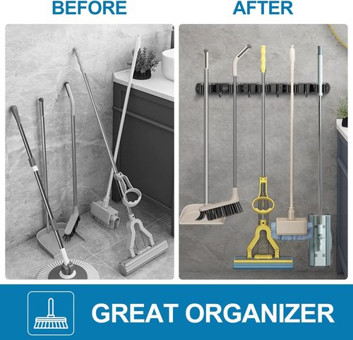 IMILLET Broom Holder Wall Mount - Heavy Duty Stainless Steel Organizer with 5 Racks & 4 Hooks