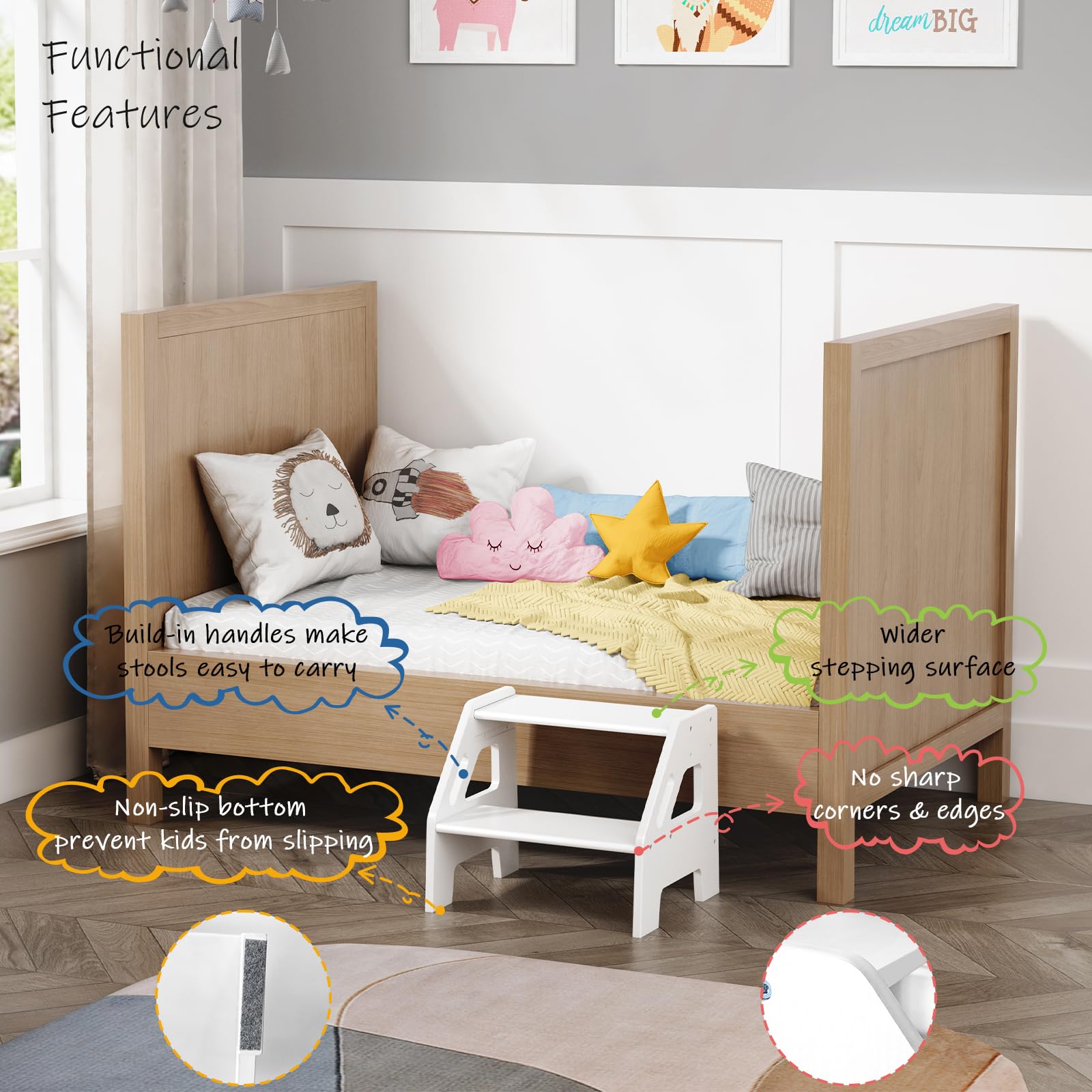 Harwaya White Wood Toddler Step Stool for Bathroom Sink, 2 Step Kids Stool for Toilet Potty Training, Baby Child Stepping Stool with Handles for Toddlers Nursery Kitchen Counter (White)