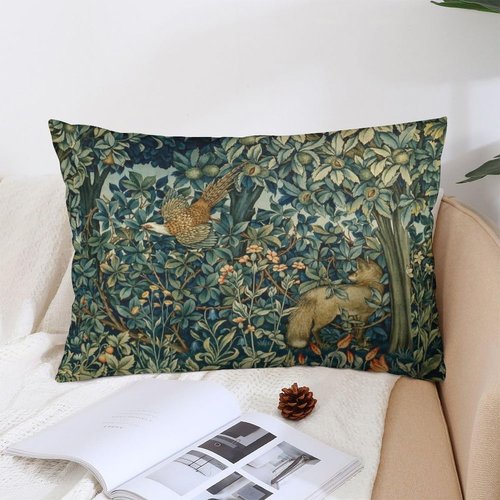 Greenery Forest Animals Pheasant Fox Green Floral William Morris Throw Pillow Covers 12x20 Inch Aesthetic Pillow Velvet Decorative Pillowcase Home Decor Living Room Cushion Case for Bed Sofa Couch