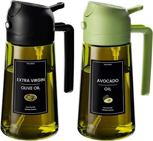 CXINYI - 16oz Olive Oil Dispenser | 2-in-1 Sprayer for Cooking & Salad - Light-Proof Black & Green
