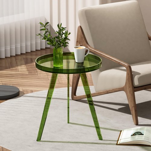 Dewrhiixe Clear Acrylic Side Table, Round End Table Nightstand Bedside Table Small Circle with Tray for Living Room Bedroom Office Small Space (Green)