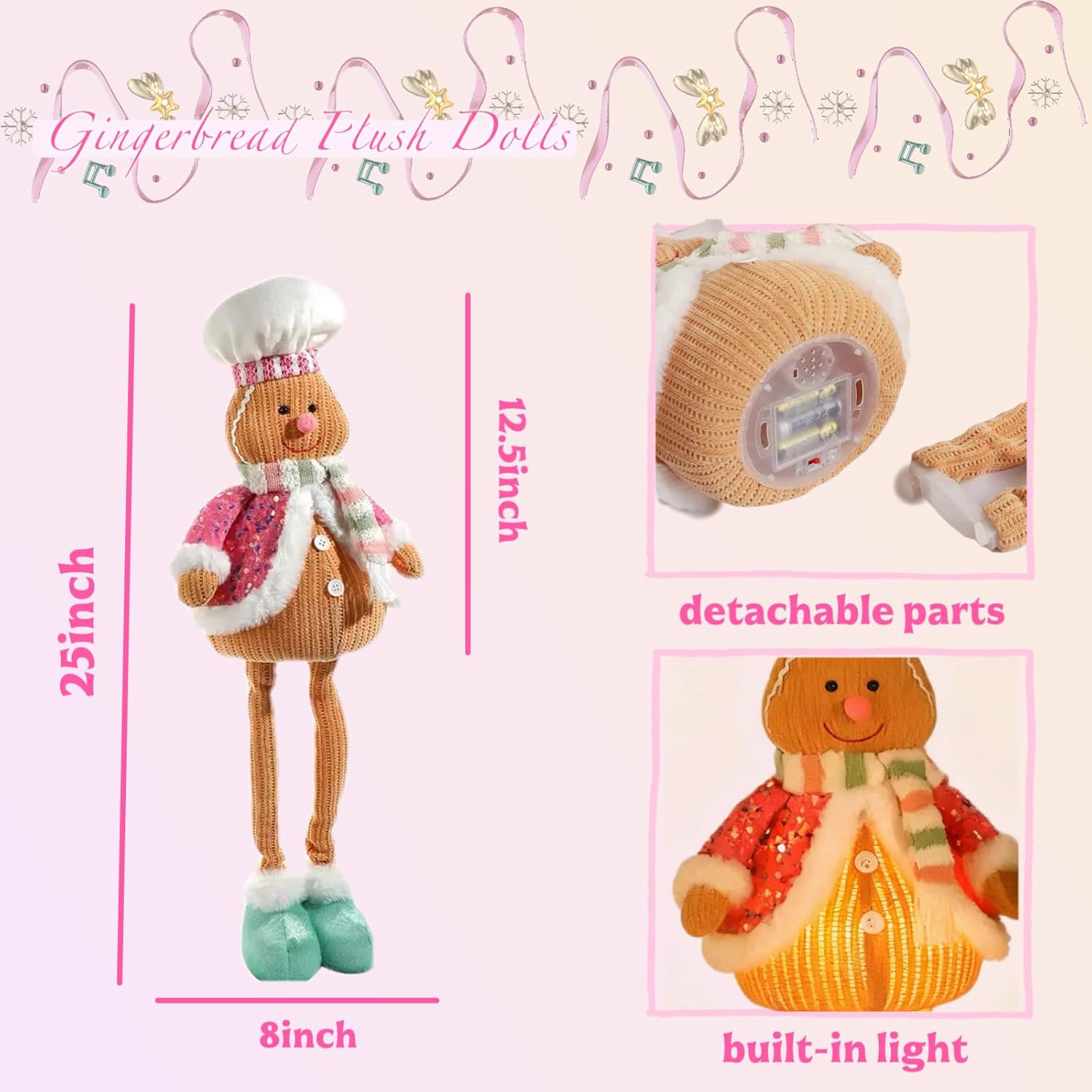 Skiennix 2-Piece Gingerbread Christmas Decorations Set - 29" Lighted Indoor Gingerbread Man Figurines | Pastel Candy Cane Decor for Kids' Christmas Village Display