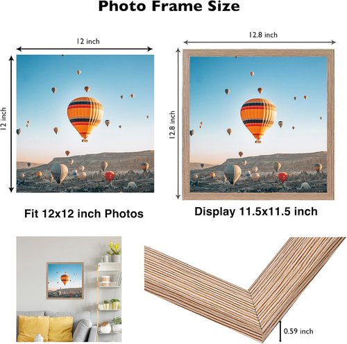 JCJMY 12x12 Inch Picture Frame - Rustic Brown Wall Gallery Frame with Shatter Resistant Plexiglass