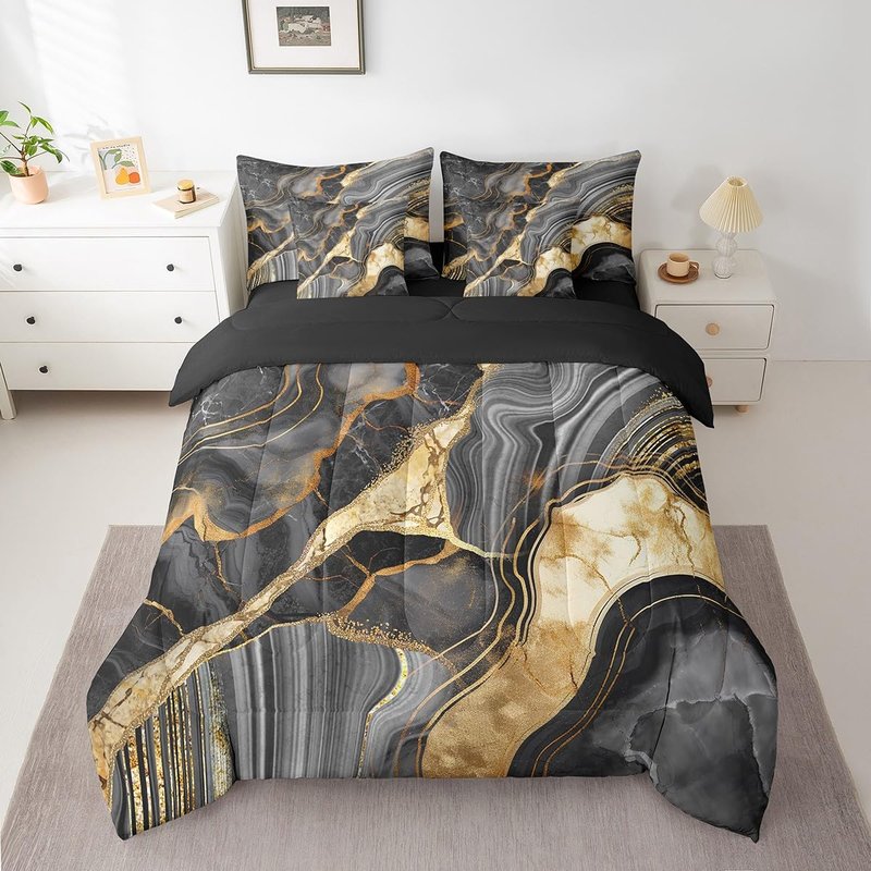 Erosebridal Black Marble 7 Pcs Comforter Set King, Gold Crack Bedding for Adults Men Women, Abstract Metallic Texture Sheet Set Bed in A Bag, Boho Hippie Fluid Reversible Black Duvet Insert