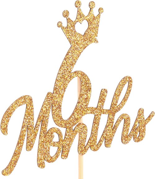 Gold Glittery Cake Topper - Perfect for Baby's 6-Month Birthday Celebration | Half Year Anniversary Decor