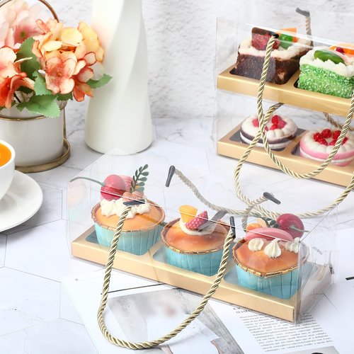 Chiisong 24 Pcs Clear Cupcake Boxes 9 x 3 x 3 Inch Portable Pastry Packaging Portable Gable Boxes with Rope Handle, Inserts 3 Compartments Bakery Take out Containers(Gold)