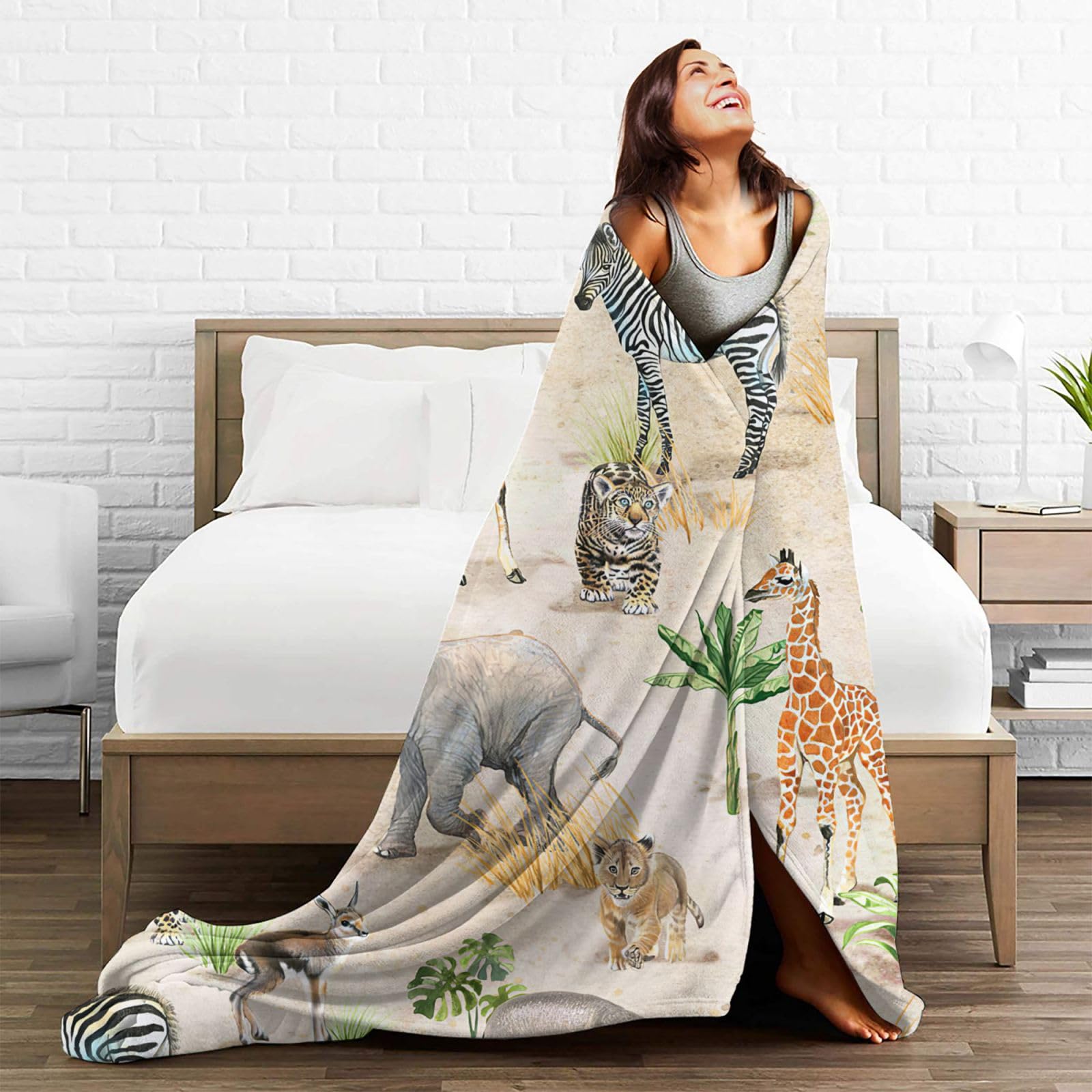 Zoo Animals Blanket African Safari Animals Elephant Tiger Giraffe Zebra Rhinoceros Decor Throw Blanket Gifts for Girls Boys Women Super Warm Soft Plush Fleece Flannel Blanket for Kids Adults 50"X40"